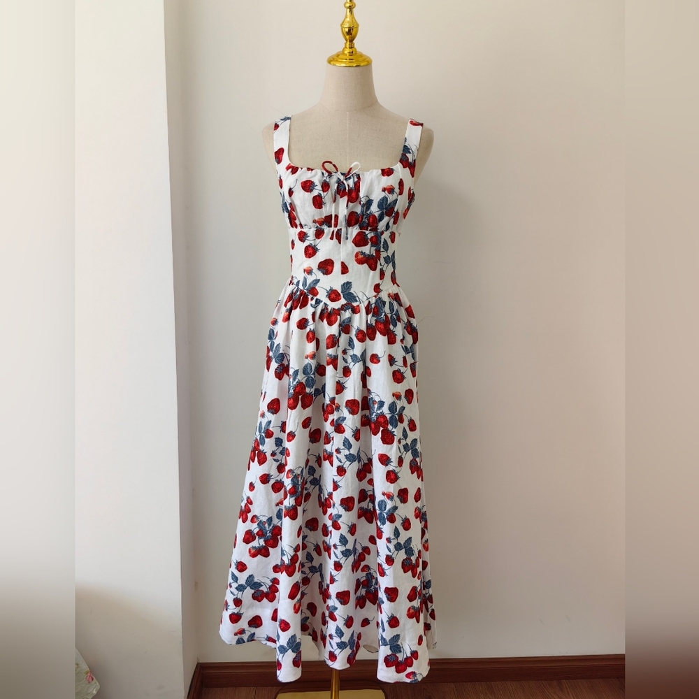 Reformation Balia Linen Dress In Strawberry Jam - Picture 7 of 15